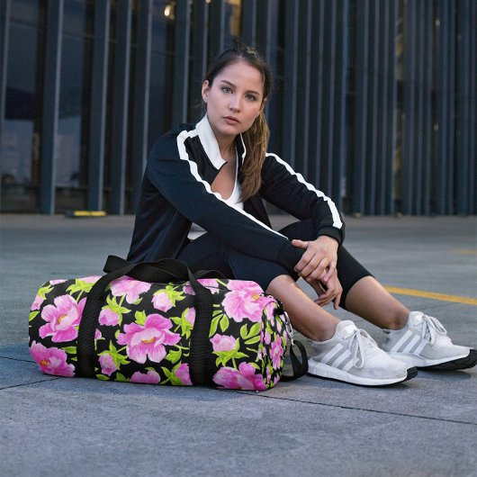 ブラックウォーター色の牡丹フローラ ダッフルバッグ