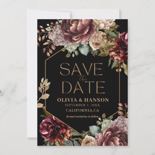 ブラックウォーター色フローラフォト秋の結婚式ブラック セーブザデート (正面)