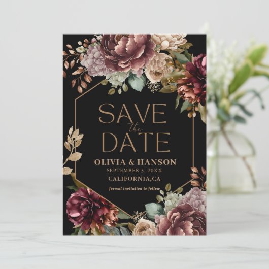 ブラックウォーター色フローラフォト秋の結婚式ブラック セーブザデート (スタンド正面)