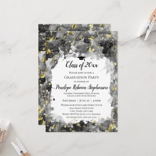 ブラックウォーター金ゴールド（ばちゃばちゃ）跳ねる卒業パーティー 招待状 (正面/裏面インサイチュ)