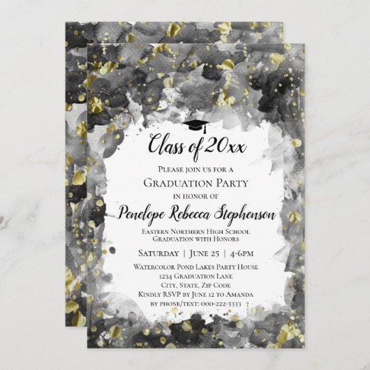 ブラックウォーター金ゴールド（ばちゃばちゃ）跳ねる卒業パーティー 招待状 (正面/裏面)