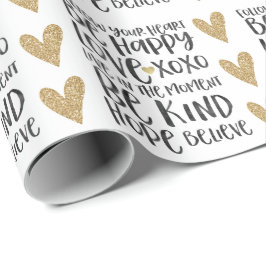 ブラックウォータ感動的ーの単語金ゴールドハート ラッピングペーパー