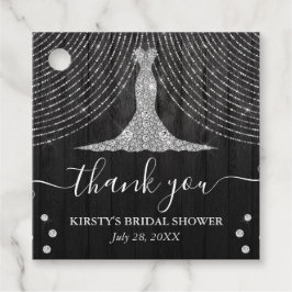 ブラックウッドを使用したエレガントな銀色ダイヤモンドのドレスをフィーチャーしたブライズシャワー フェイバータグ