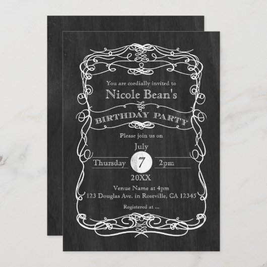 ブラックウッドホワイトヴィンテージ誕生日パーティーの招待 招待状 (正面/裏面)