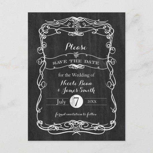 ブラックウッド&ホワイトヴィンテージウェディング日付を保存 案内ポストカード (正面)