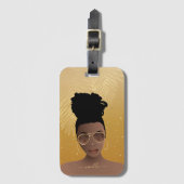 ブラックウーマン、金ゴールドシェード&パーム葉ズイエロー金ゴールド ラゲッジタグ (正面縦)