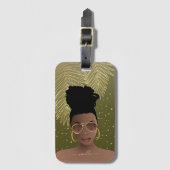 ブラックウーマン、金ゴールドシェード&パーム葉ズオリーブグリーン ラゲッジタグ (正面縦)