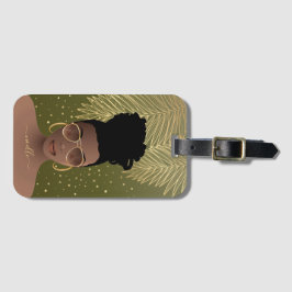 ブラックウーマン、金ゴールドシェード&パーム葉ズオリーブグリーン ラゲッジタグ