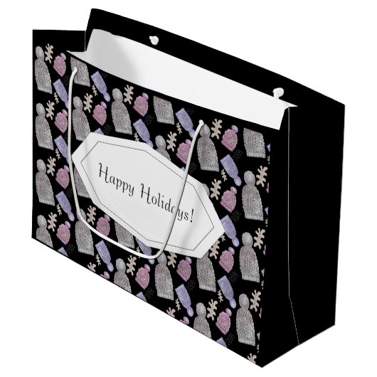 ブラックウールニット帽子ウォーターカラーハンド絵を描 ラージペーパーバッグ (正面アングル)