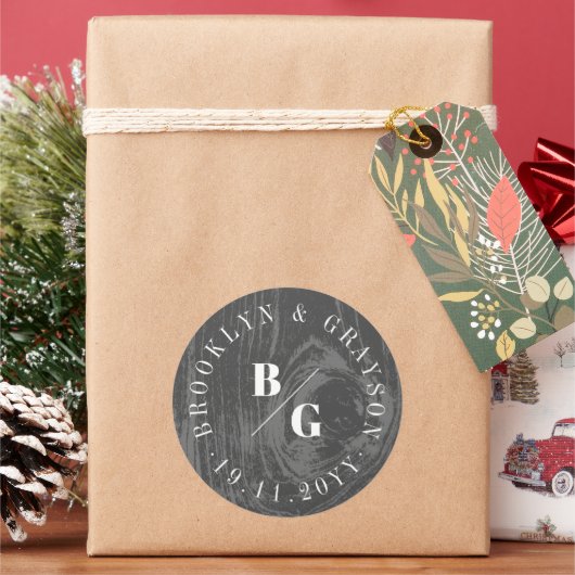 ブラックウ素朴ードグレインテクスチャシックな冬の結婚式 ラウンドシール (クリスマス)