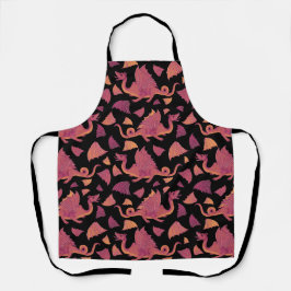 ブラックエプロンに赤オレンジのドラゴンパターン エプロン