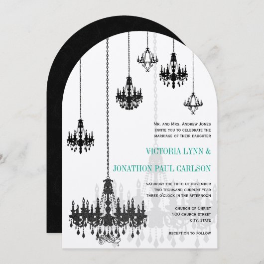 ブラックエメラルドグリーンダマスクシャンデリア結婚ズ 招待状 (正面/裏面)