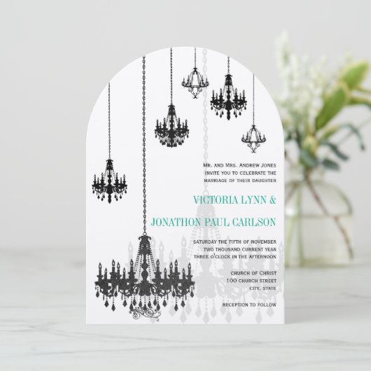ブラックエメラルドグリーンダマスクシャンデリア結婚ズ 招待状 (スタンド正面)
