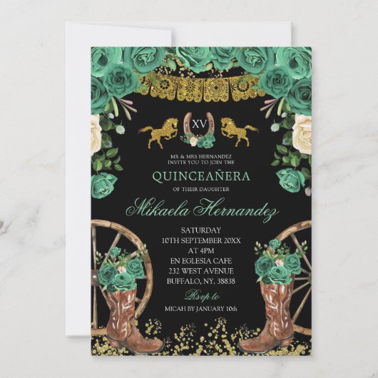 ブラックエメラルドグリーンハンターウェスタンブーツXVアニョス 招待状 (正面)