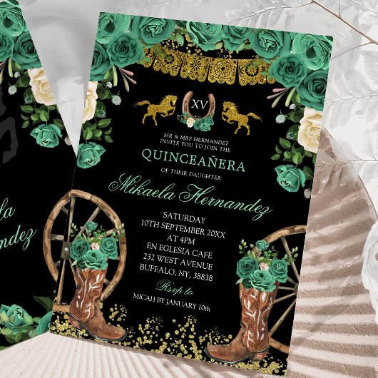 ブラックエメラルドグリーンハンターウェスタンブーツXVアニョス 招待状