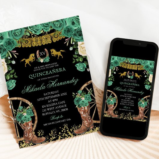 ブラックエメラルドグリーンハンターウェスタンブーツXVアニョス 招待状