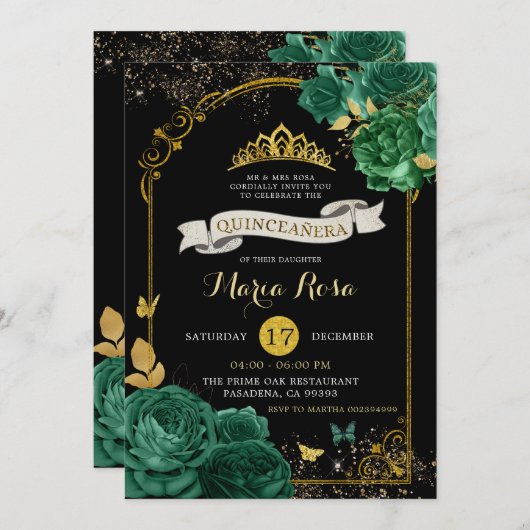 ブラックエメラルドグリーン王室のクラウンキンセアニラ 招待状 (正面/裏面)