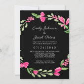 ブラックエレガンス ウェディング ピンク フローラル グリーン 案内状 (正面)