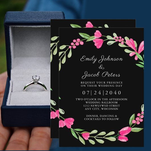 ブラックエレガンス ウェディング ピンク フローラル グリーン 案内状