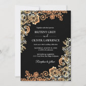 ブラックエレガントおよびバラ金ゴールドフローラレース結婚ズ 招待状 (正面)