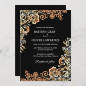 ブラックエレガントおよびバラ金ゴールドフローラレース結婚ズ 招待状 (正面/裏面)