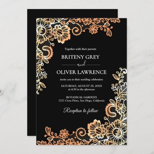 ブラックエレガントおよびバラ金ゴールドフローラレース結婚ズ 招待状 (正面/裏面)