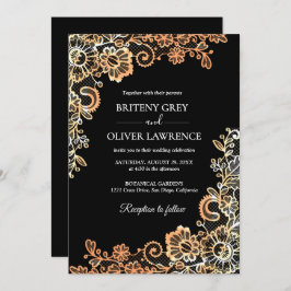 ブラックエレガントおよびバラ金ゴールドフローラレース結婚ズ 招待状