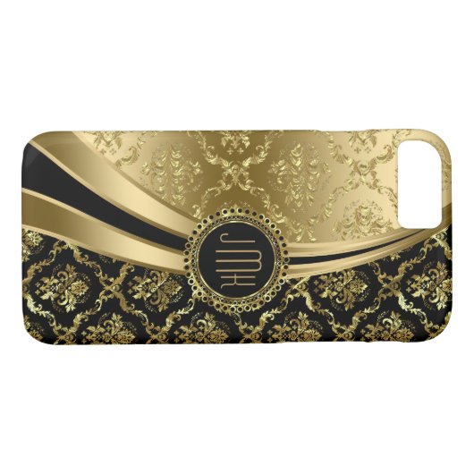 ブラックエレガントおよびフェイク金ゴールドフローラのダマスク2D Case-Mate iPhoneケース (裏面(横))
