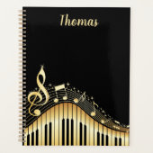 ブラックエレガントおよび金ゴールドピアノのキーボードプランナー プランナー手帳 (正面)