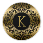 ブラックエレガントおよび金ゴールドフローラオーナメント セラミックノブ (正面)