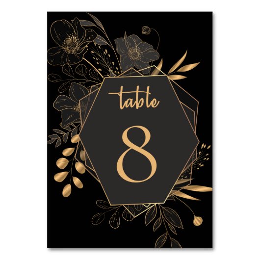ブラックエレガントおよび金ゴールドフローラ結婚の テーブルナンバー (正面)
