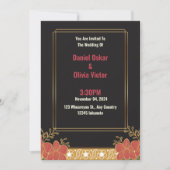 ブラックエレガントおよび金ゴールドフローラ結婚式招待状 招待状 (正面)