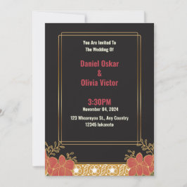 ブラックエレガントおよび金ゴールドフローラ結婚式招待状 招待状