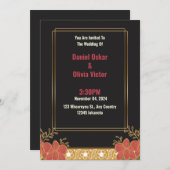 ブラックエレガントおよび金ゴールドフローラ結婚式招待状 招待状 (正面/裏面)