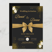 ブラックエレガントおよび金ゴールドフローラ結婚式招待状 案内状 (正面/裏面)