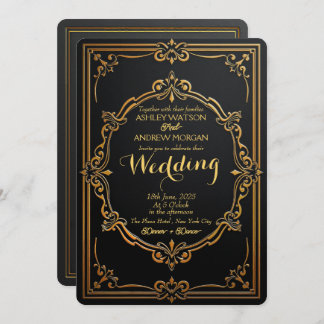 ブラックエレガントおよび金ゴールド結婚式招待状テンプレート 招待状