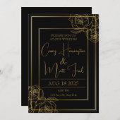 ブラックエレガントおよび金ゴールド結婚式招待状 招待状 (正面/裏面)