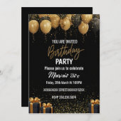 ブラックエレガントおよび金ゴールド誕生日招待状 招待状 (正面/裏面)