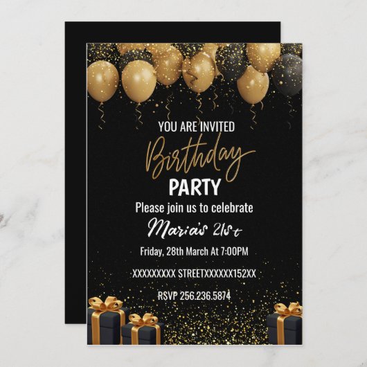 ブラックエレガントおよび金ゴールド誕生日招待状 招待状 (正面/裏面)