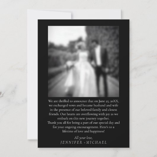 ブラックエレガントたった今結婚しましたシンプル結婚の写真 招待状 (裏面)