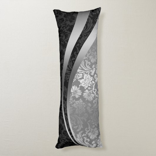 ブラックエレガントとシルバーのダマスクのダイナミックストライプ ボディピロー (裏面 (縦))
