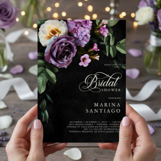 ブラックエレガントとラベンダーのフローラスクリプトシャワー 招待状