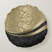 ブラックエレガントと金ゴールドのダマスク動的ストライプ2 ラウンドクッション (裏面)