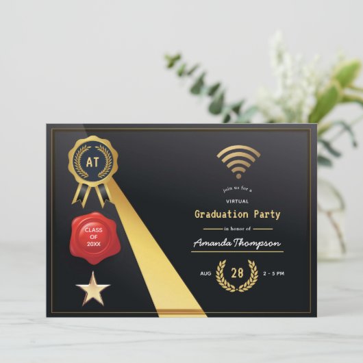 ブラックエレガントと金ゴールドのバーチャル卒業パーティー 招待状 (スタンド正面)