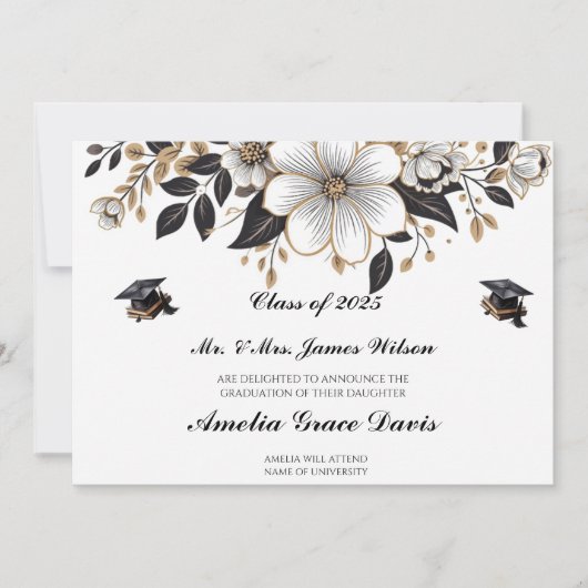 ブラックエレガントと金ゴールドの卒業発表 招待状 (正面)