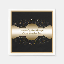 ブラックエレガントと金ゴールドの装飾デザインのパーソナライズ スタンダードカクテルナプキン