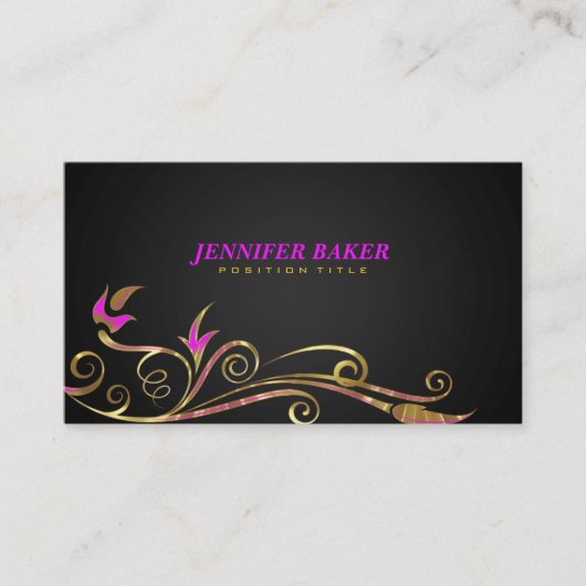 ブラックエレガントと金ゴールドスワールピンクのアクセント 名刺 (正面)