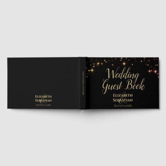 ブラックエレガントな結婚式に輝く黄金の星 ゲストブック (全面)