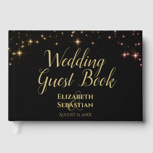 ブラックエレガントな結婚式に輝く黄金の星 ゲストブック (正面)