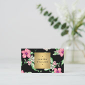 ブラックエレガントにトロピカルフローラルパターン 名刺 (スタンド正面)